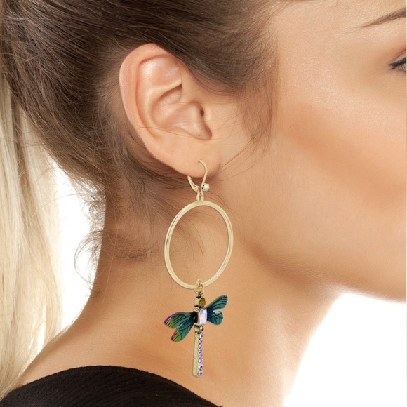 BETSEY JOHNSON • Stone Dragonfly Insect Gypsy Hoop Statement Large Earrings - Picture 2 of 3